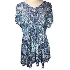 Arna York 14/16 Blue Paisley Style Print Tunic Bling Sparkle Top Shark Bite Hem